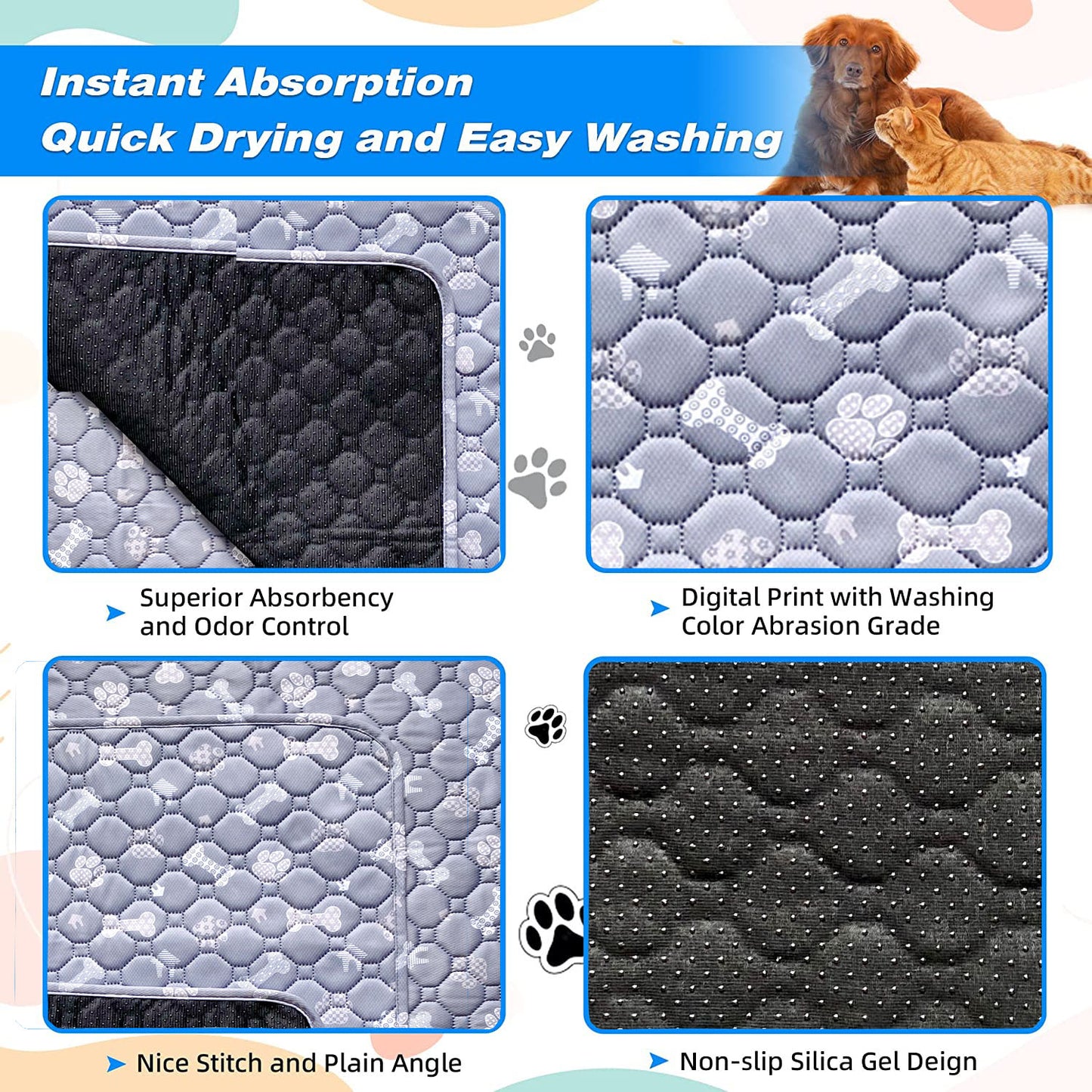 4 Layer Washable Dog Pee Pad, Pet Cat Training Pads, Reusable Puppy Whelping Pads,Protective Non-slip Blanket Mats for dog fences cage doghouse, Couch Cover, Potty training